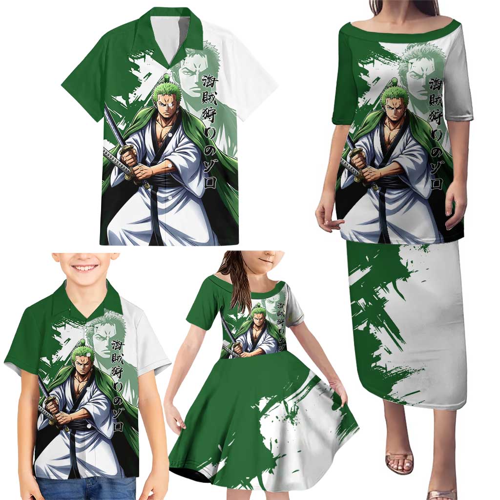 Wano Samurai Roronoa Zoro Family Matching Puletasi and Hawaiian Shirt Bold Ink Brush Anime Style