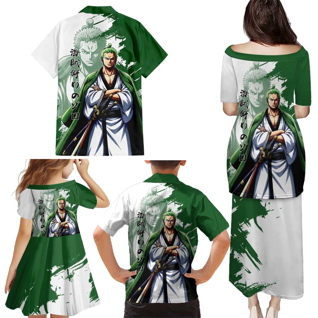 Wano Samurai Roronoa Zoro Family Matching Puletasi and Hawaiian Shirt Bold Ink Brush Anime Style