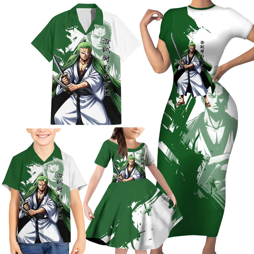 Wano Samurai Roronoa Zoro Family Matching Short Sleeve Bodycon Dress and Hawaiian Shirt Bold Ink Brush Anime Style