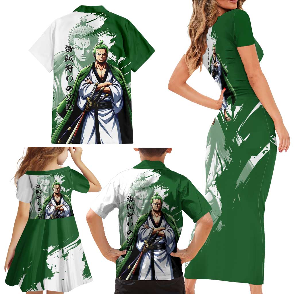 Wano Samurai Roronoa Zoro Family Matching Short Sleeve Bodycon Dress and Hawaiian Shirt Bold Ink Brush Anime Style