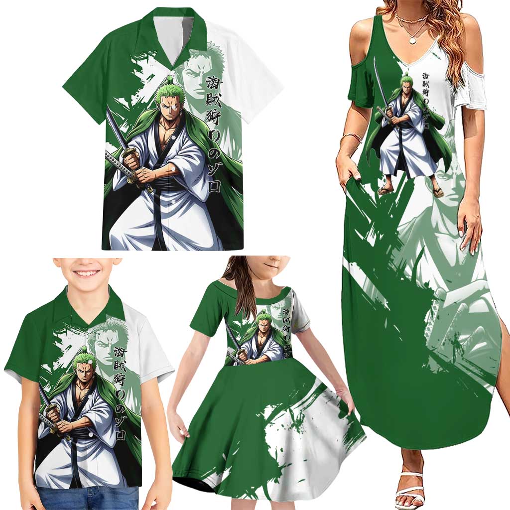 Wano Samurai Roronoa Zoro Family Matching Summer Maxi Dress and Hawaiian Shirt Bold Ink Brush Anime Style