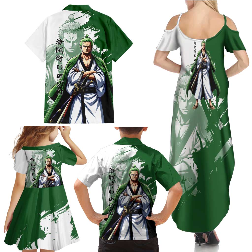 Wano Samurai Roronoa Zoro Family Matching Summer Maxi Dress and Hawaiian Shirt Bold Ink Brush Anime Style