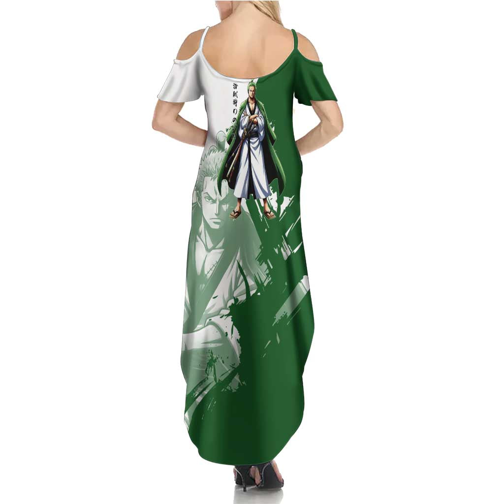 Wano Samurai Roronoa Zoro Family Matching Summer Maxi Dress and Hawaiian Shirt Bold Ink Brush Anime Style