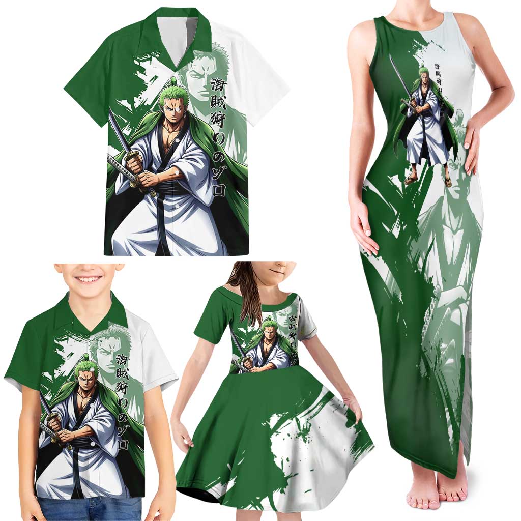 Wano Samurai Roronoa Zoro Family Matching Tank Maxi Dress and Hawaiian Shirt Bold Ink Brush Anime Style