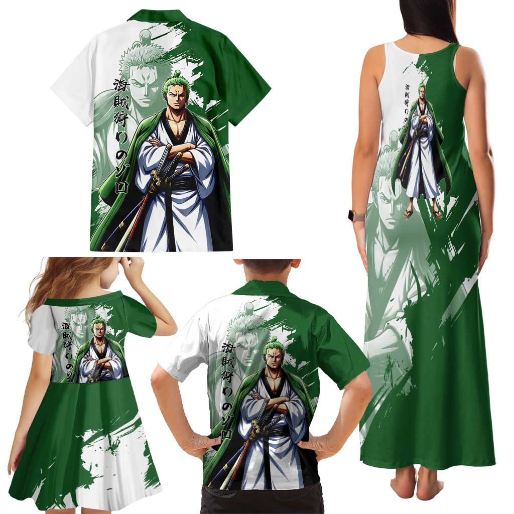 Wano Samurai Roronoa Zoro Family Matching Tank Maxi Dress and Hawaiian Shirt Bold Ink Brush Anime Style
