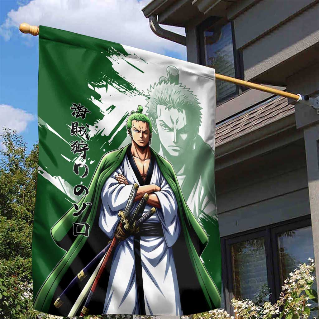 Wano Samurai Roronoa Zoro Garden Flag Bold Ink Brush Anime Style