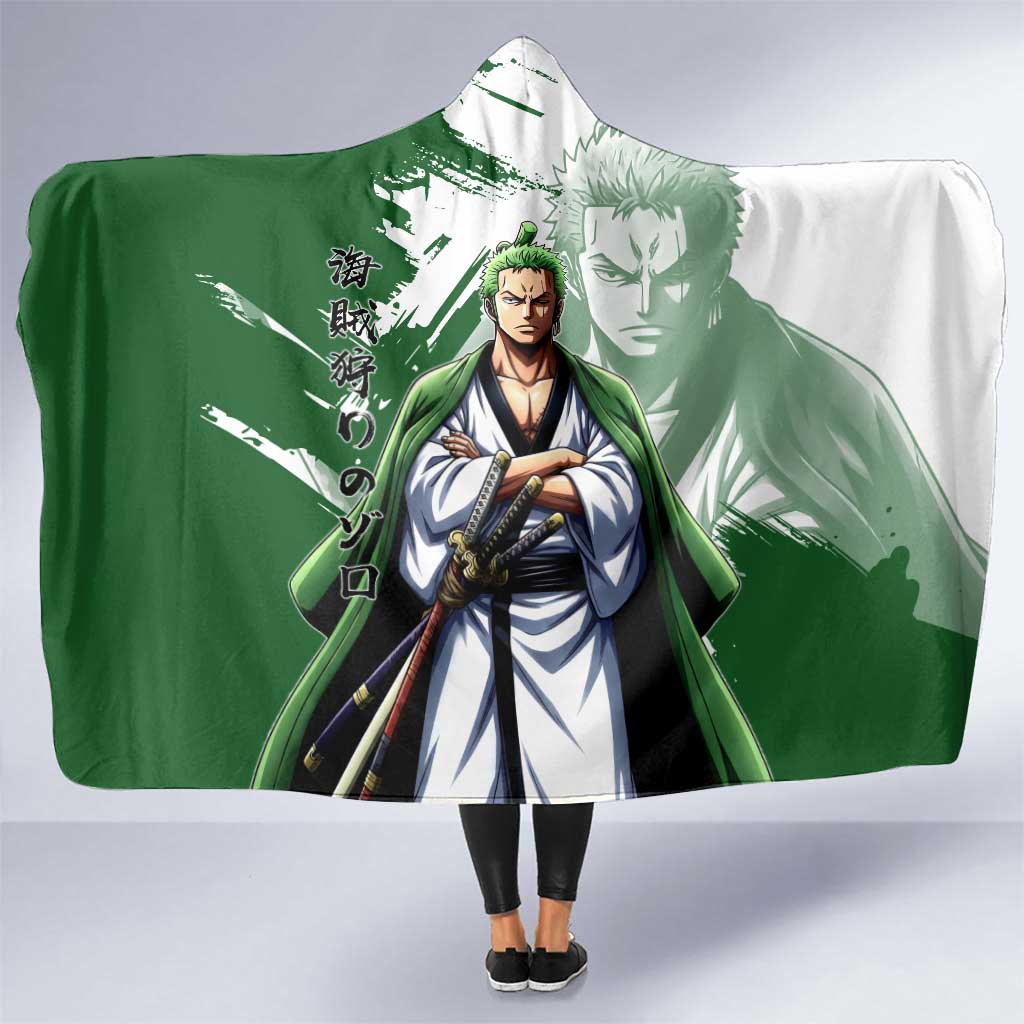 Wano Samurai Roronoa Zoro Hooded Blanket Bold Ink Brush Anime Style