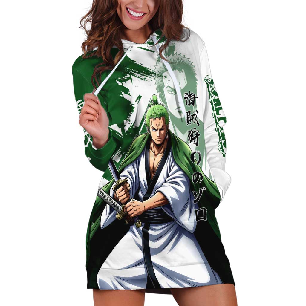 Wano Samurai Roronoa Zoro Hoodie Dress Bold Ink Brush Anime Style
