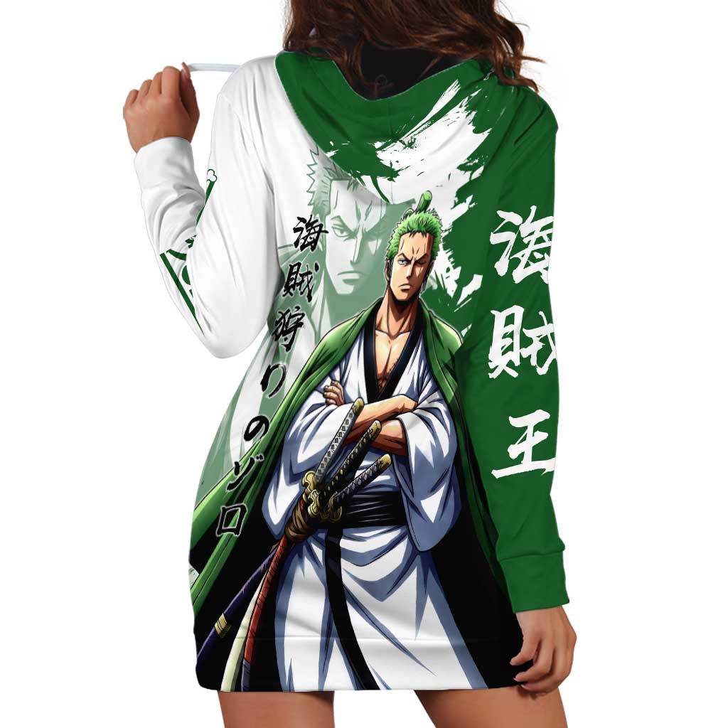 Wano Samurai Roronoa Zoro Hoodie Dress Bold Ink Brush Anime Style