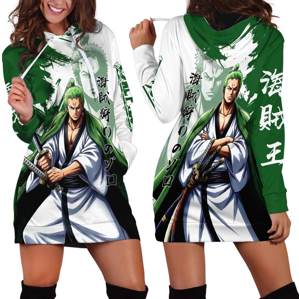 Wano Samurai Roronoa Zoro Hoodie Dress Bold Ink Brush Anime Style