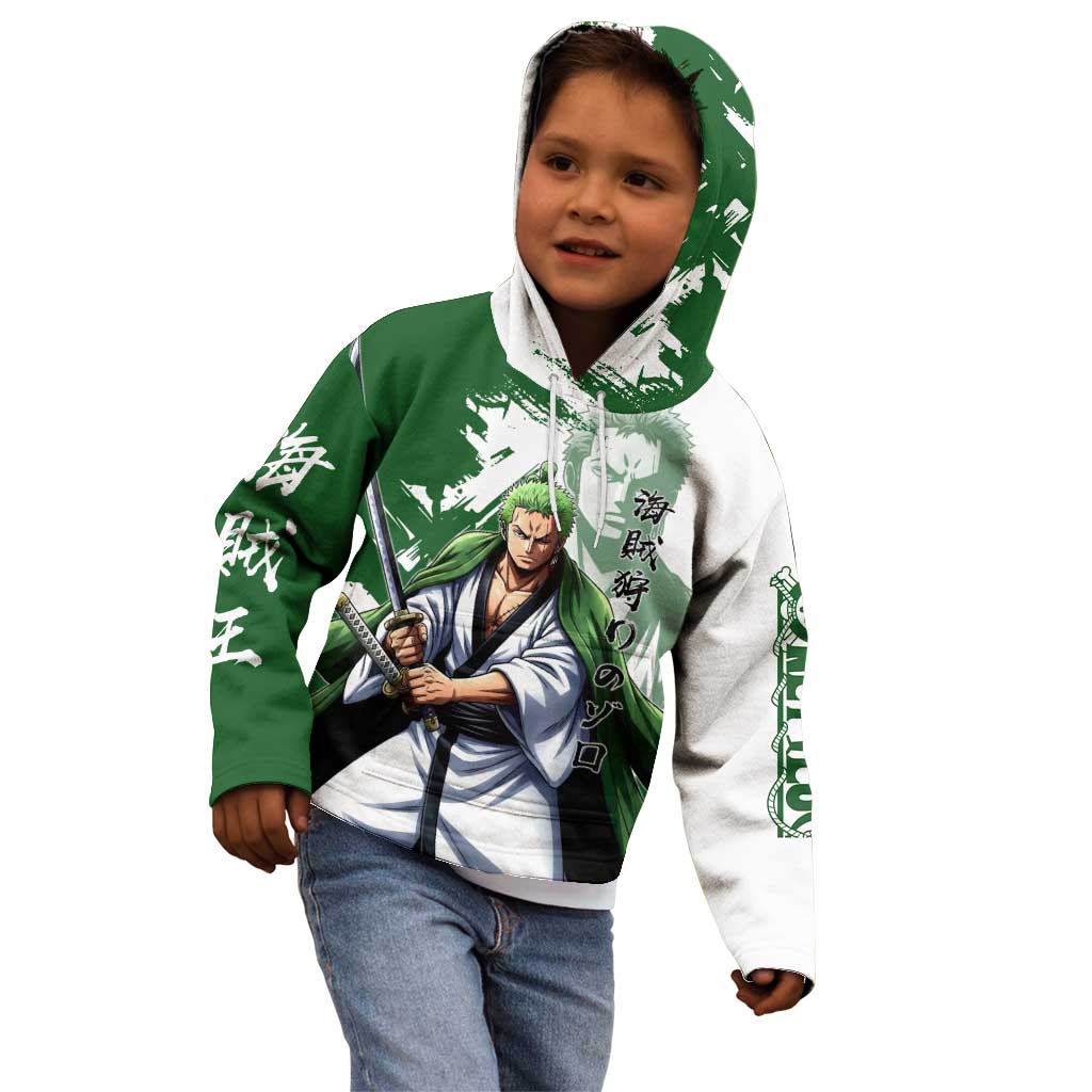 Wano Samurai Roronoa Zoro Kid Hoodie Bold Ink Brush Anime Style