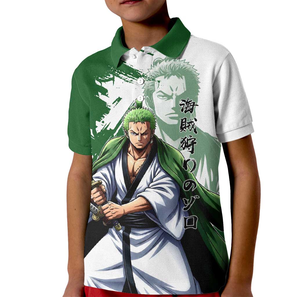 Wano Samurai Roronoa Zoro Kid Polo Shirt Bold Ink Brush Anime Style