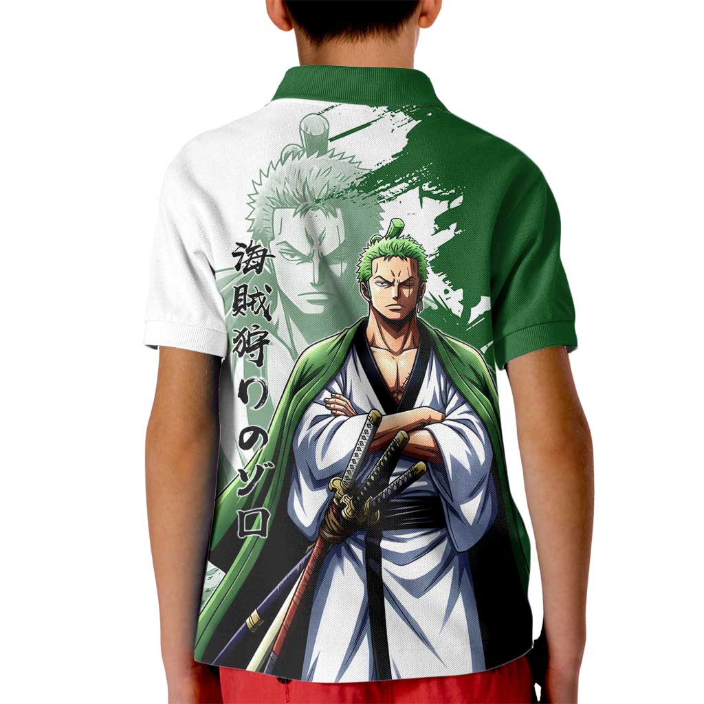 Wano Samurai Roronoa Zoro Kid Polo Shirt Bold Ink Brush Anime Style