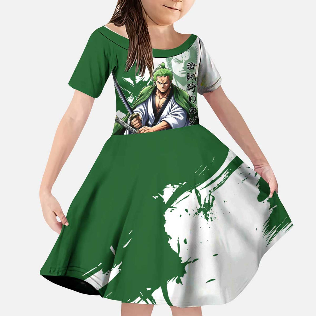 Wano Samurai Roronoa Zoro Kid Short Sleeve Dress Bold Ink Brush Anime Style