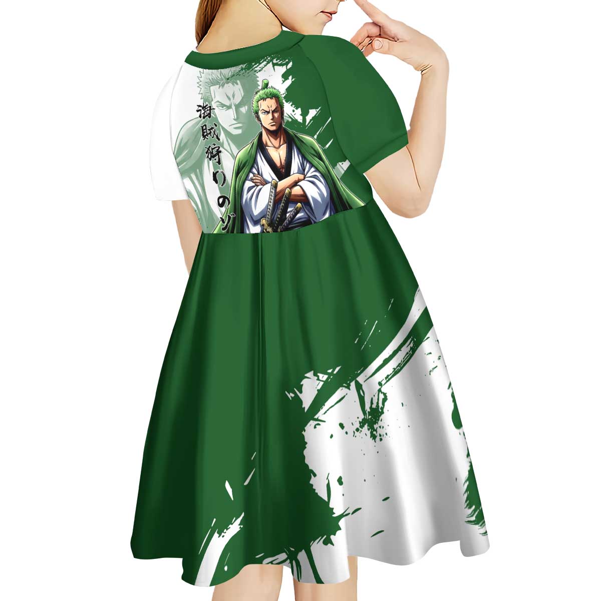 Wano Samurai Roronoa Zoro Kid Short Sleeve Dress Bold Ink Brush Anime Style