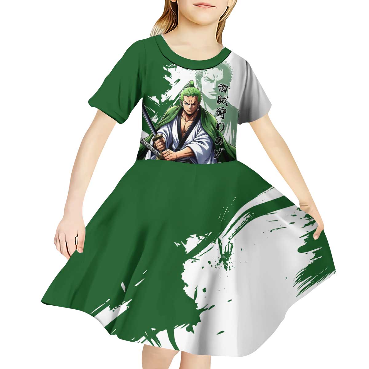 Wano Samurai Roronoa Zoro Kid Short Sleeve Dress Bold Ink Brush Anime Style