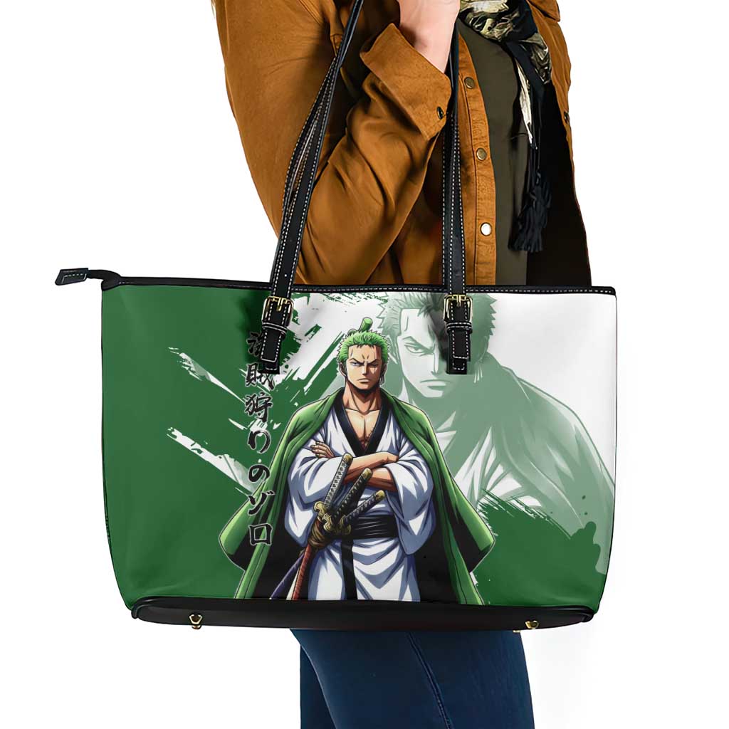 Wano Samurai Roronoa Zoro Leather Tote Bag Bold Ink Brush Anime Style