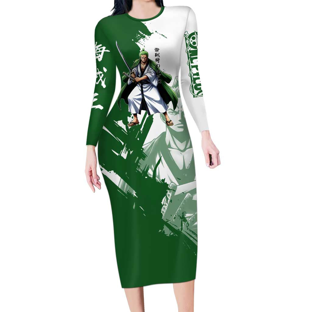 Wano Samurai Roronoa Zoro Long Sleeve Bodycon Dress Bold Ink Brush Anime Style