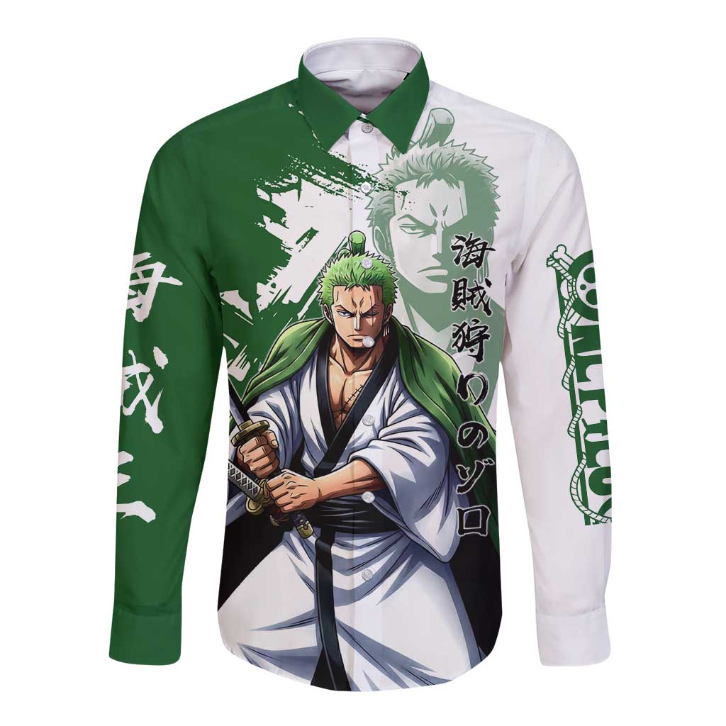 Wano Samurai Roronoa Zoro Long Sleeve Button Shirt Bold Ink Brush Anime Style