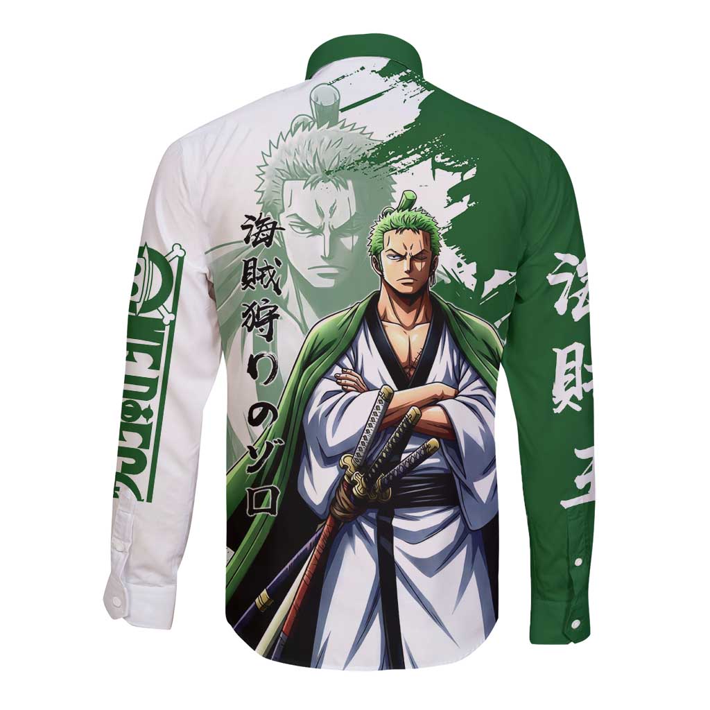 Wano Samurai Roronoa Zoro Long Sleeve Button Shirt Bold Ink Brush Anime Style