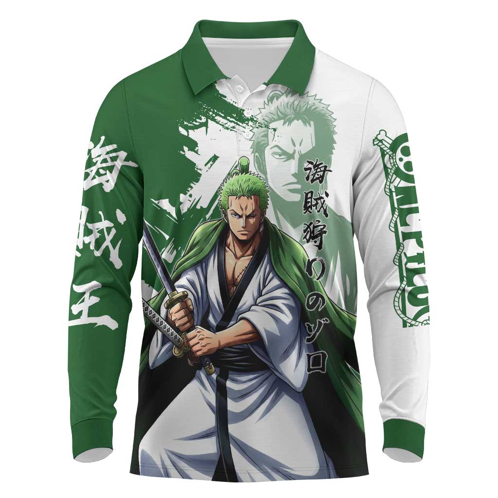 Wano Samurai Roronoa Zoro Long Sleeve Polo Shirt Bold Ink Brush Anime Style
