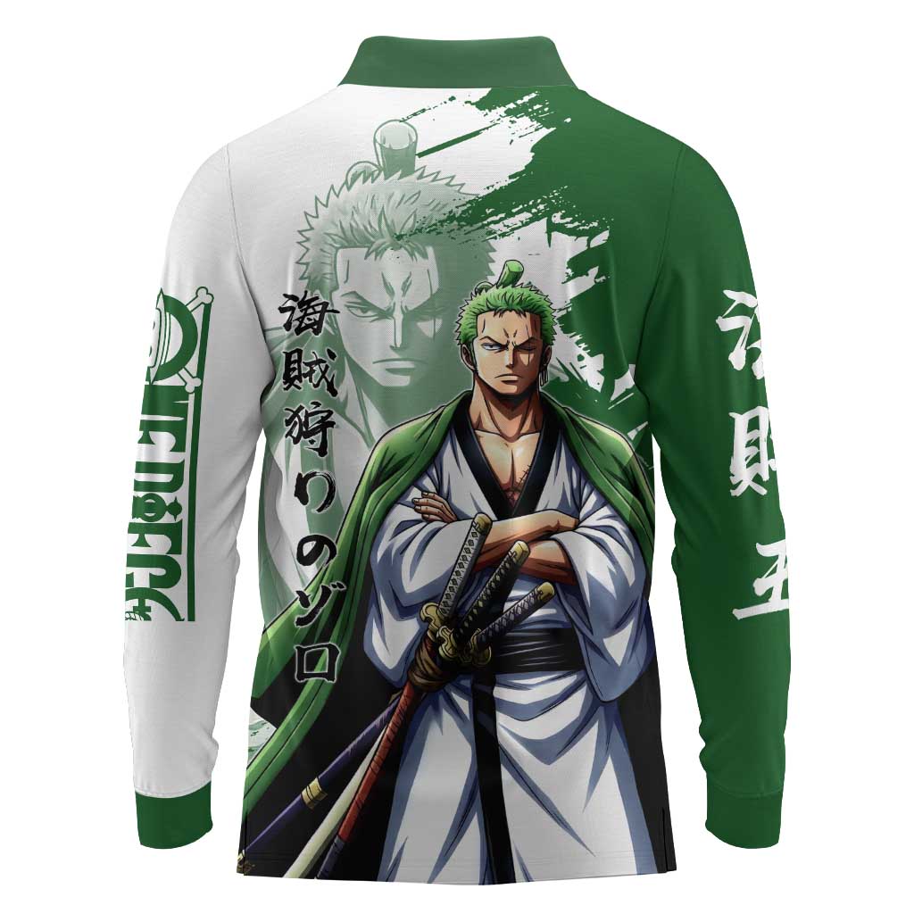 Wano Samurai Roronoa Zoro Long Sleeve Polo Shirt Bold Ink Brush Anime Style