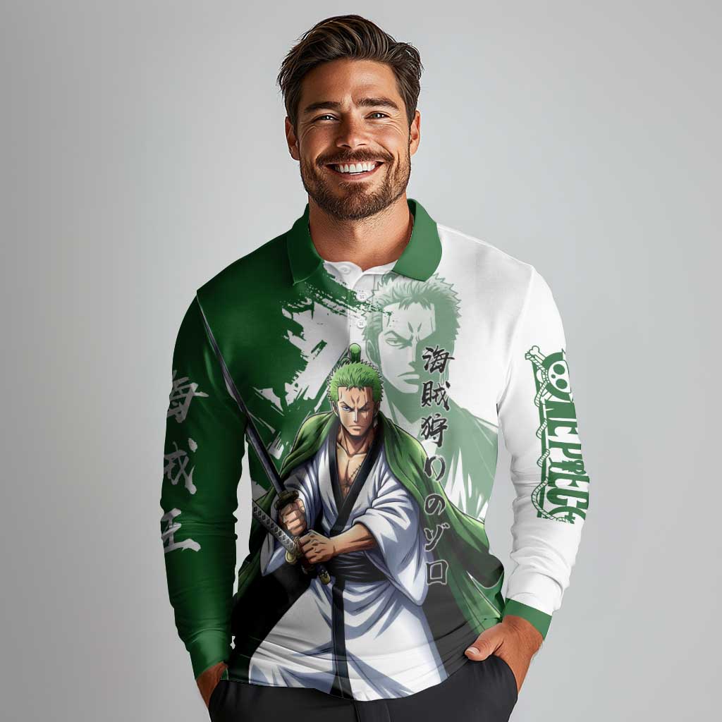Wano Samurai Roronoa Zoro Long Sleeve Polo Shirt Bold Ink Brush Anime Style