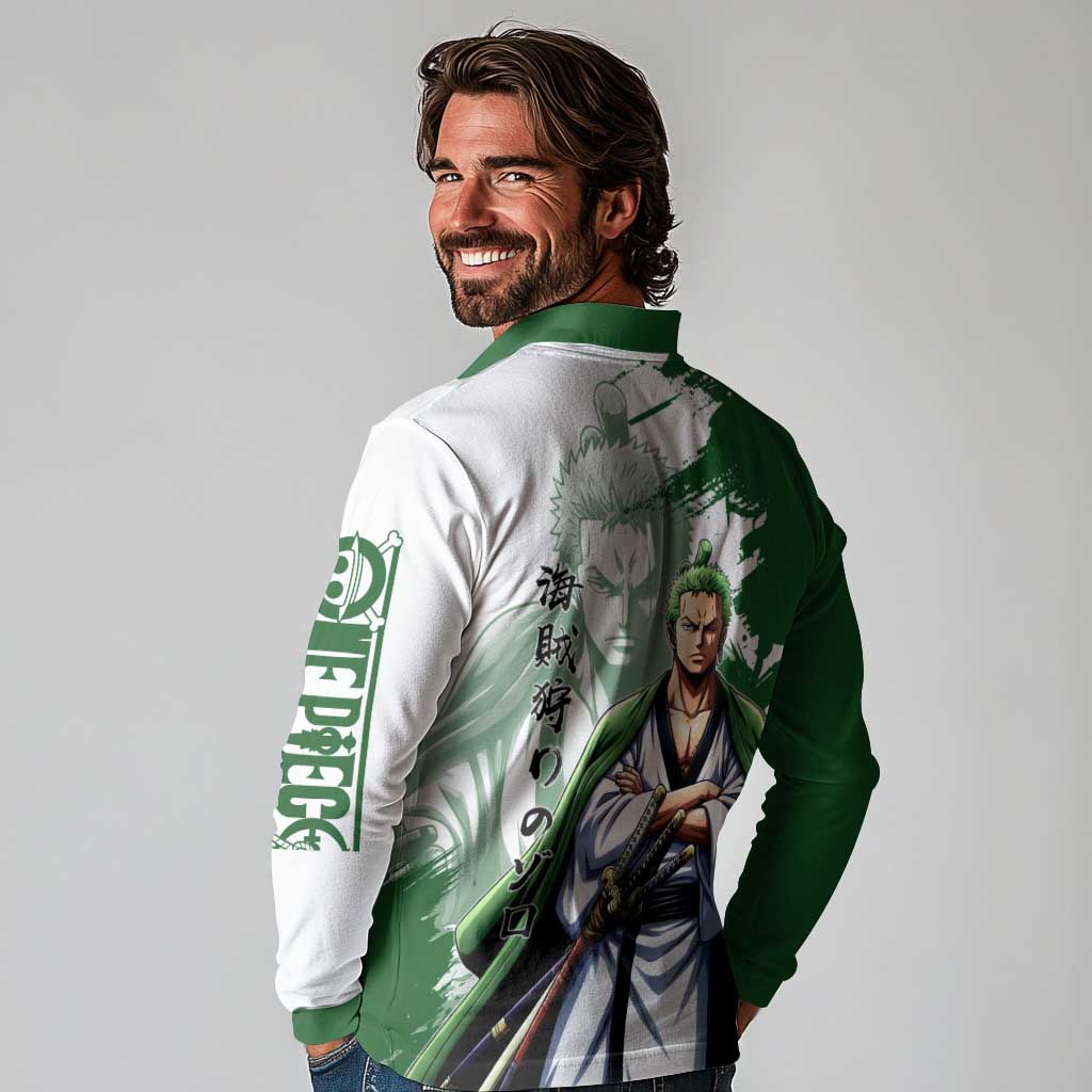 Wano Samurai Roronoa Zoro Long Sleeve Polo Shirt Bold Ink Brush Anime Style