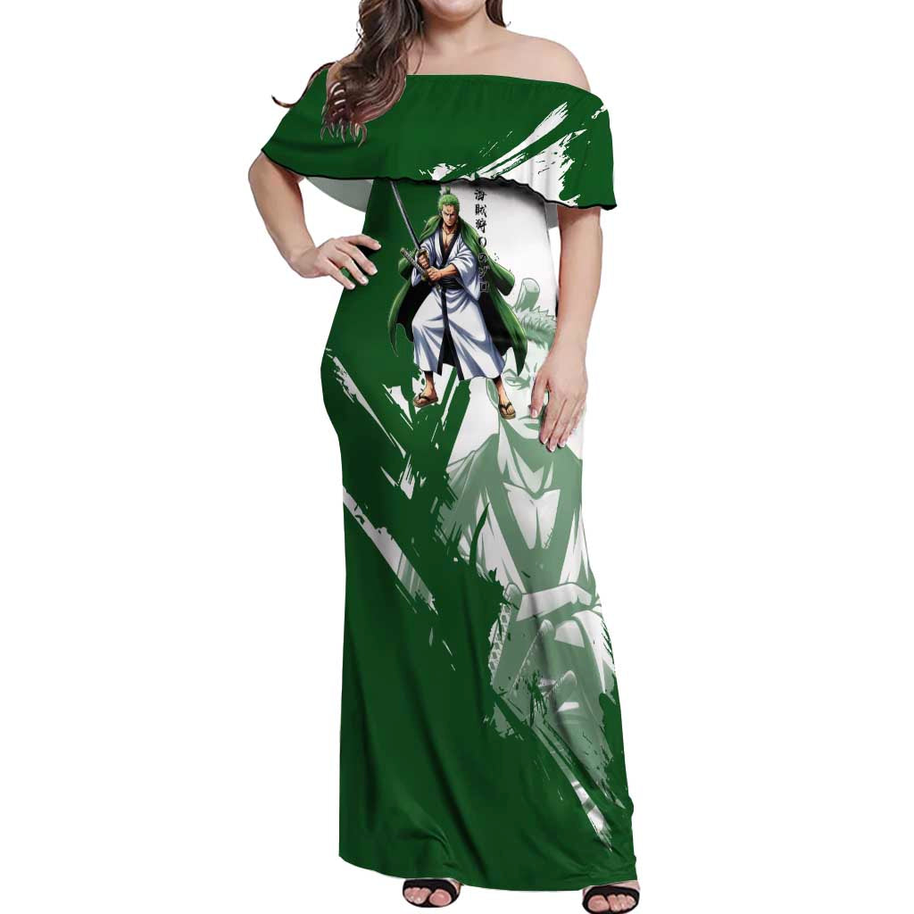 Wano Samurai Roronoa Zoro Off Shoulder Maxi Dress Bold Ink Brush Anime Style