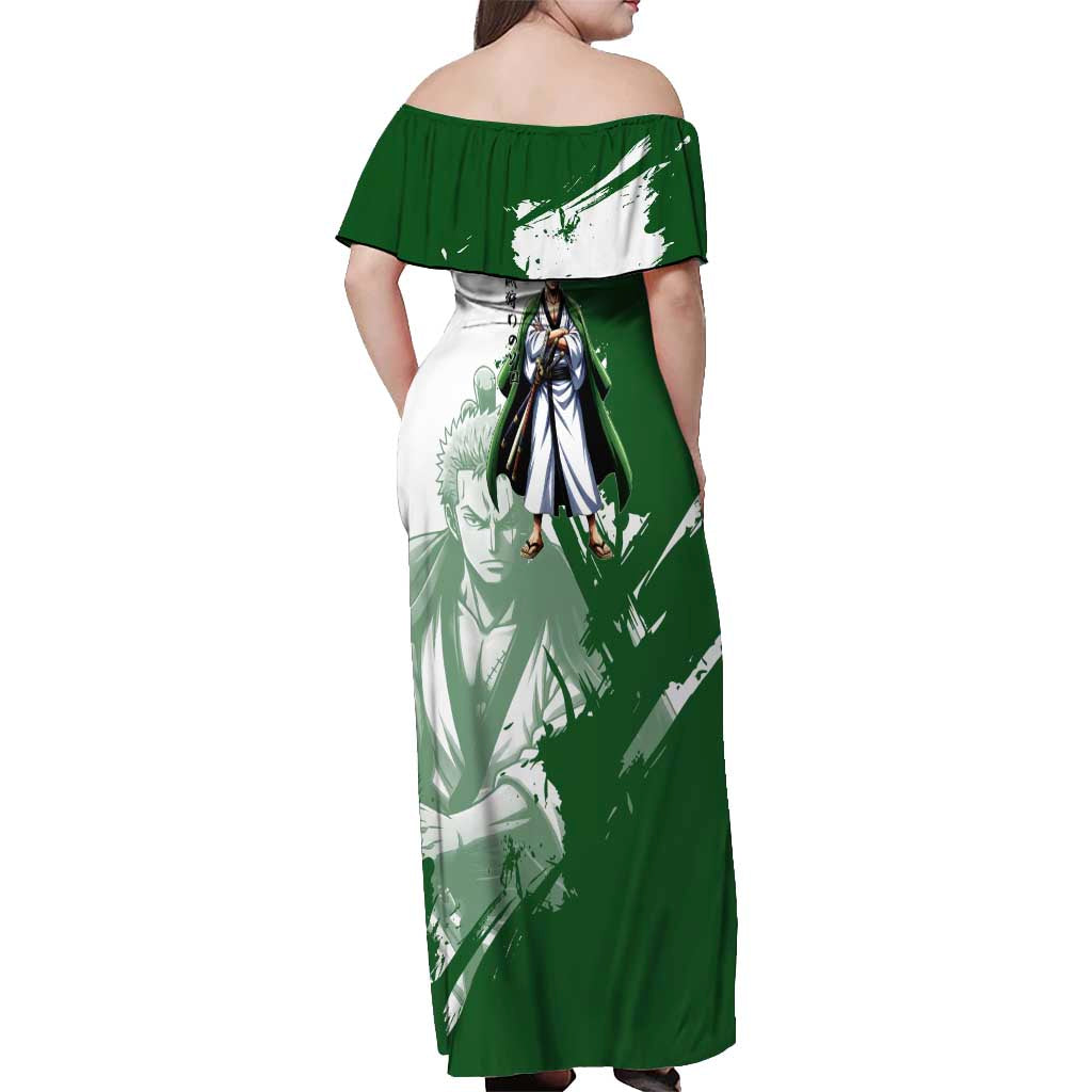 Wano Samurai Roronoa Zoro Off Shoulder Maxi Dress Bold Ink Brush Anime Style