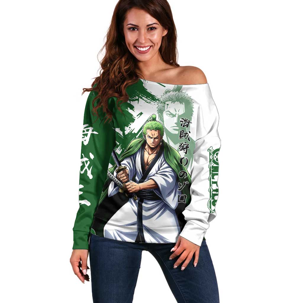 Wano Samurai Roronoa Zoro Off Shoulder Sweater Bold Ink Brush Anime Style