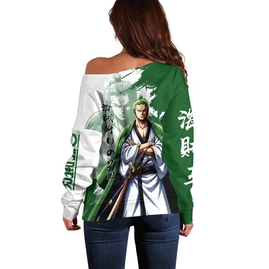 Wano Samurai Roronoa Zoro Off Shoulder Sweater Bold Ink Brush Anime Style