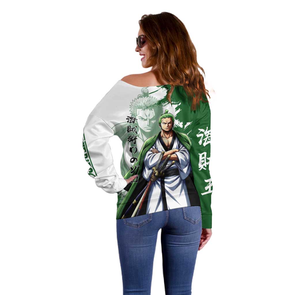 Wano Samurai Roronoa Zoro Off Shoulder Sweater Bold Ink Brush Anime Style