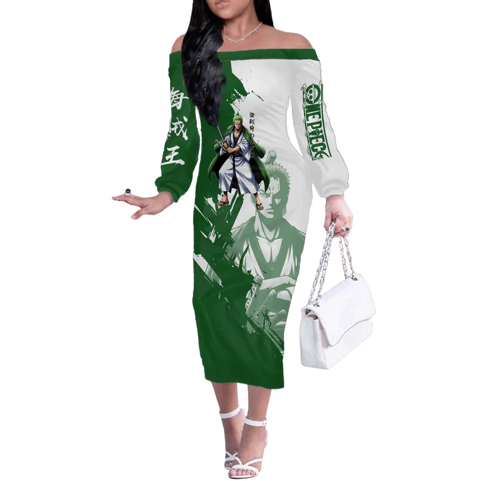 Wano Samurai Roronoa Zoro Off The Shoulder Long Sleeve Dress Bold Ink Brush Anime Style