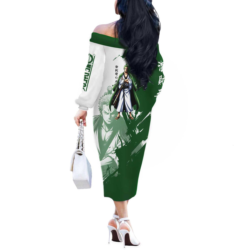 Wano Samurai Roronoa Zoro Off The Shoulder Long Sleeve Dress Bold Ink Brush Anime Style