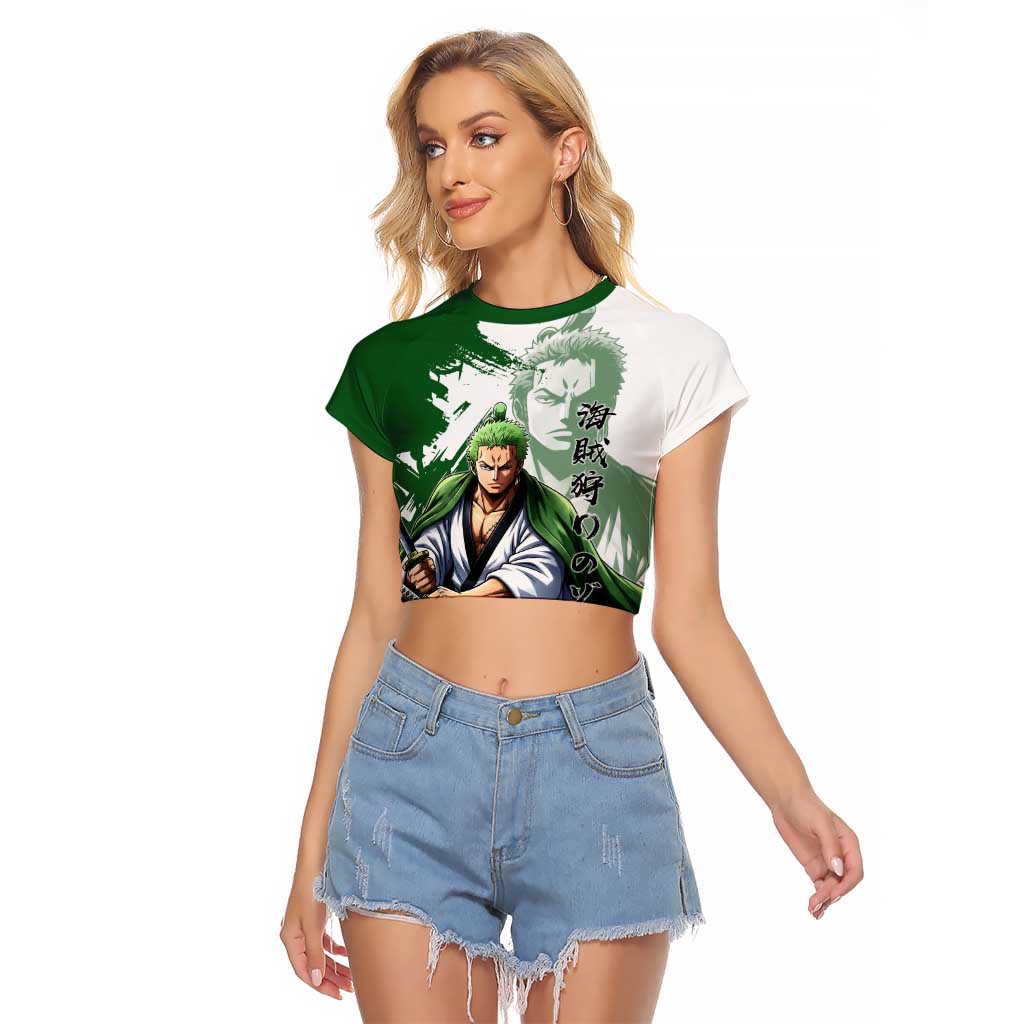 Wano Samurai Roronoa Zoro Raglan Cropped T Shirt Bold Ink Brush Anime Style