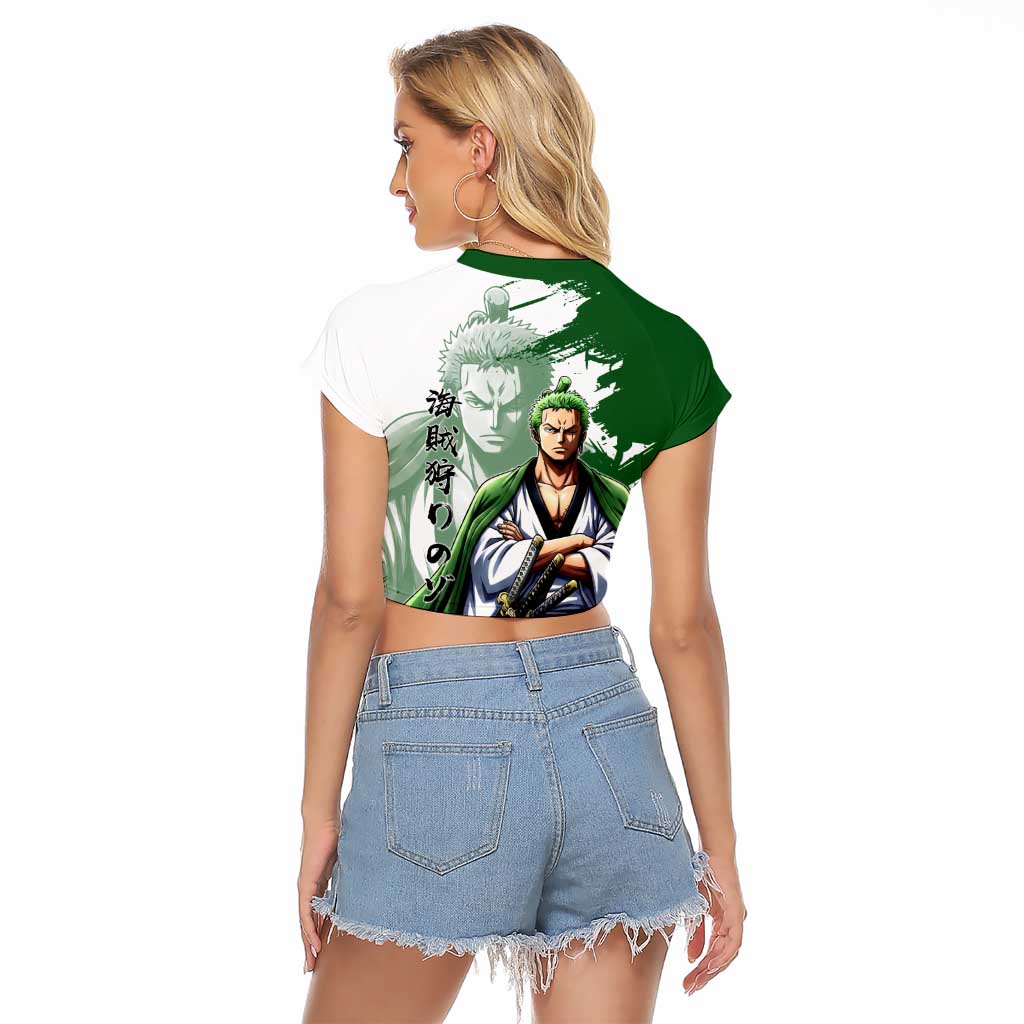 Wano Samurai Roronoa Zoro Raglan Cropped T Shirt Bold Ink Brush Anime Style