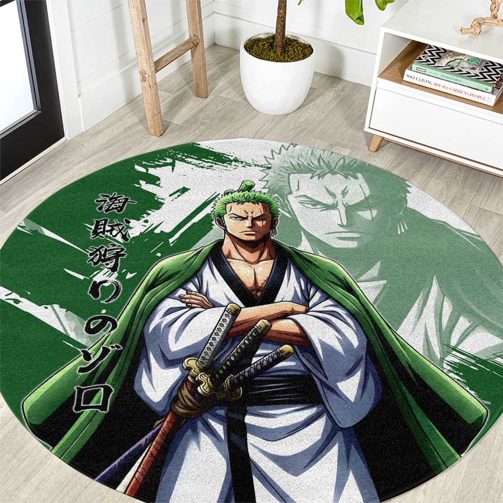 Wano Samurai Roronoa Zoro Round Carpet Bold Ink Brush Anime Style