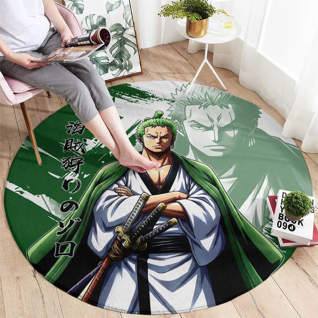 Wano Samurai Roronoa Zoro Round Carpet Bold Ink Brush Anime Style
