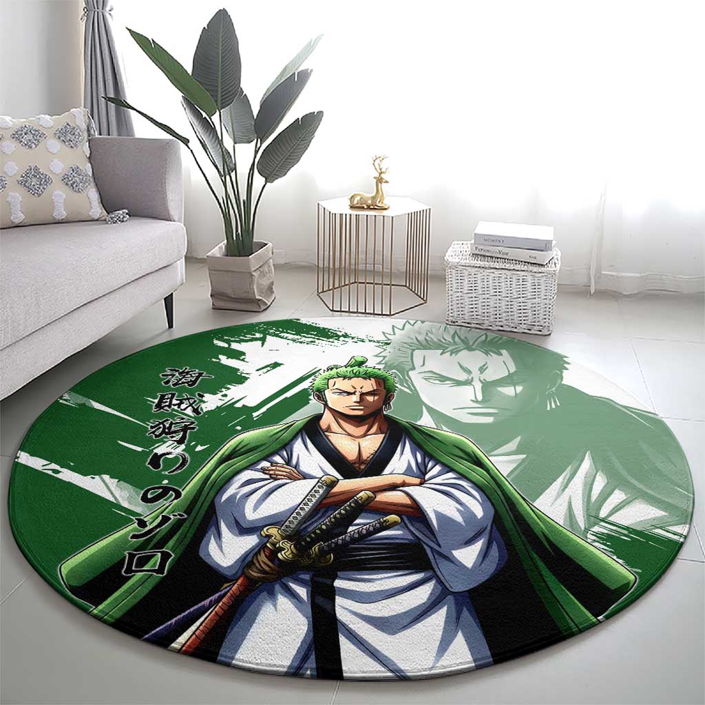 Wano Samurai Roronoa Zoro Round Carpet Bold Ink Brush Anime Style