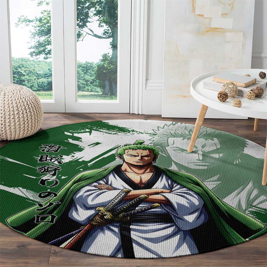 Wano Samurai Roronoa Zoro Round Carpet Bold Ink Brush Anime Style