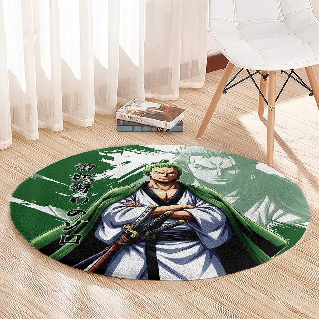 Wano Samurai Roronoa Zoro Round Carpet Bold Ink Brush Anime Style