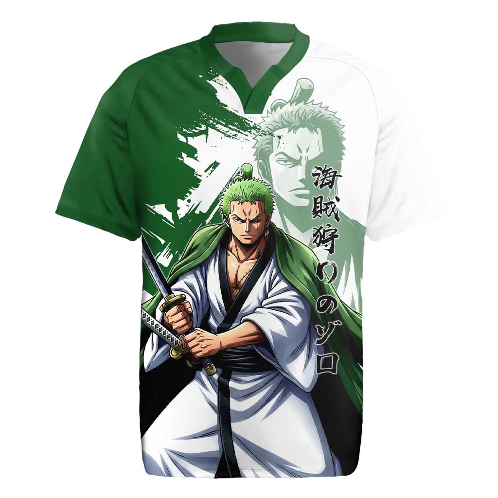 Wano Samurai Roronoa Zoro Rugby Jersey Bold Ink Brush Anime Style