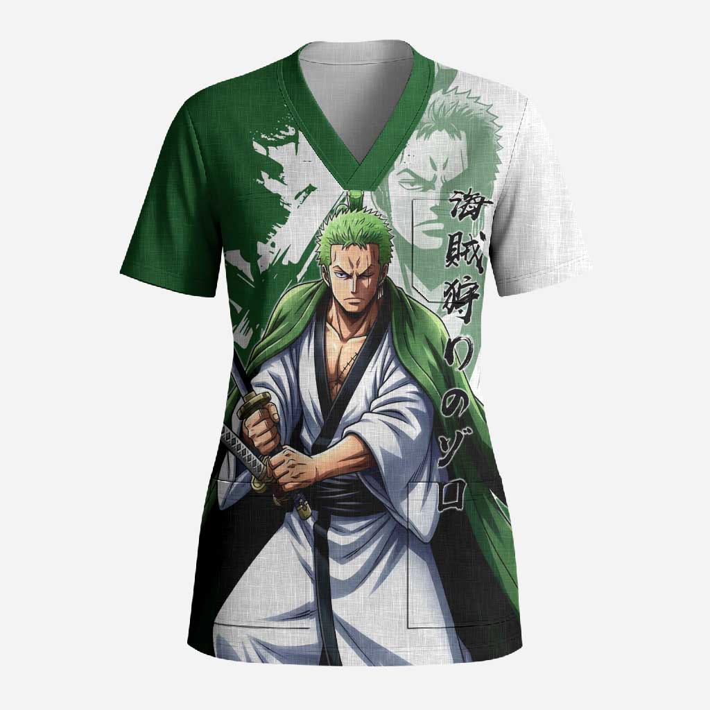 Wano Samurai Roronoa Zoro Scrub Top Bold Ink Brush Anime Style
