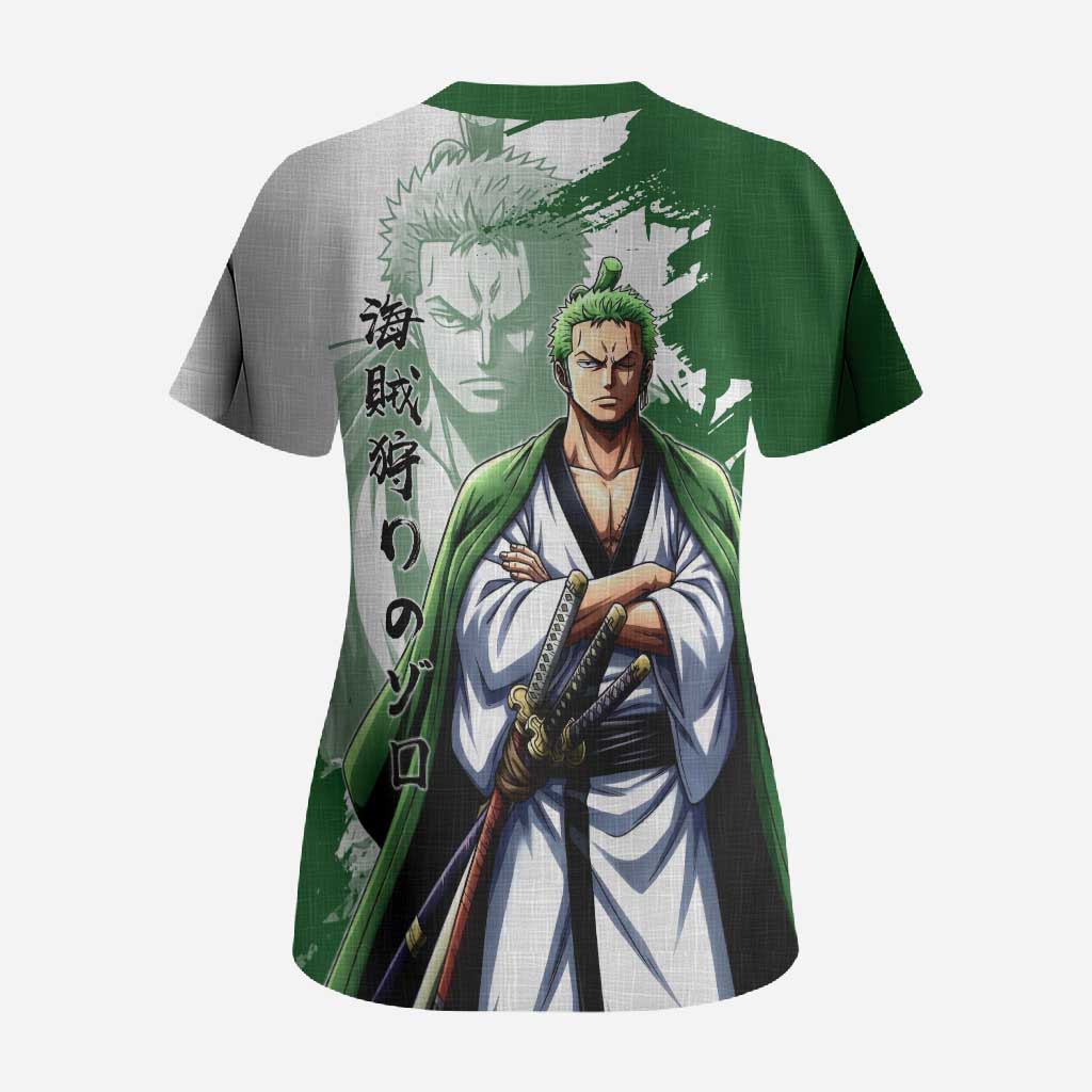 Wano Samurai Roronoa Zoro Scrub Top Bold Ink Brush Anime Style