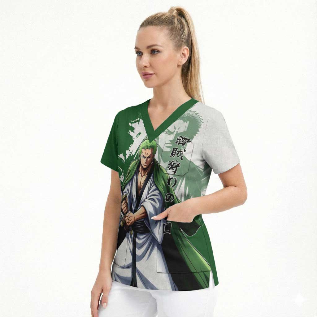 Wano Samurai Roronoa Zoro Scrub Top Bold Ink Brush Anime Style