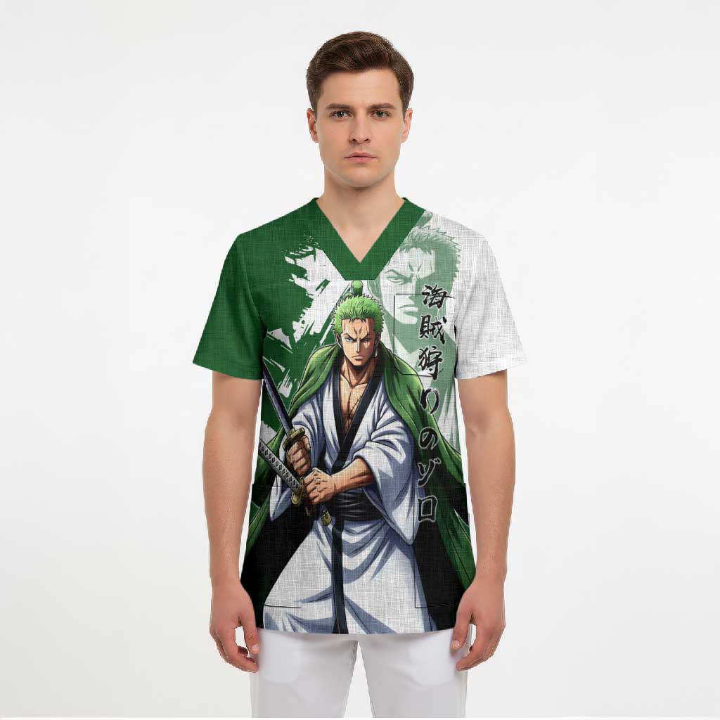 Wano Samurai Roronoa Zoro Scrub Top Bold Ink Brush Anime Style