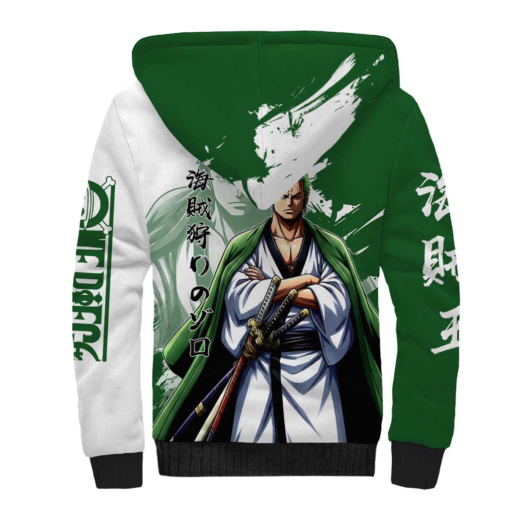 Wano Samurai Roronoa Zoro Sherpa Hoodie Bold Ink Brush Anime Style