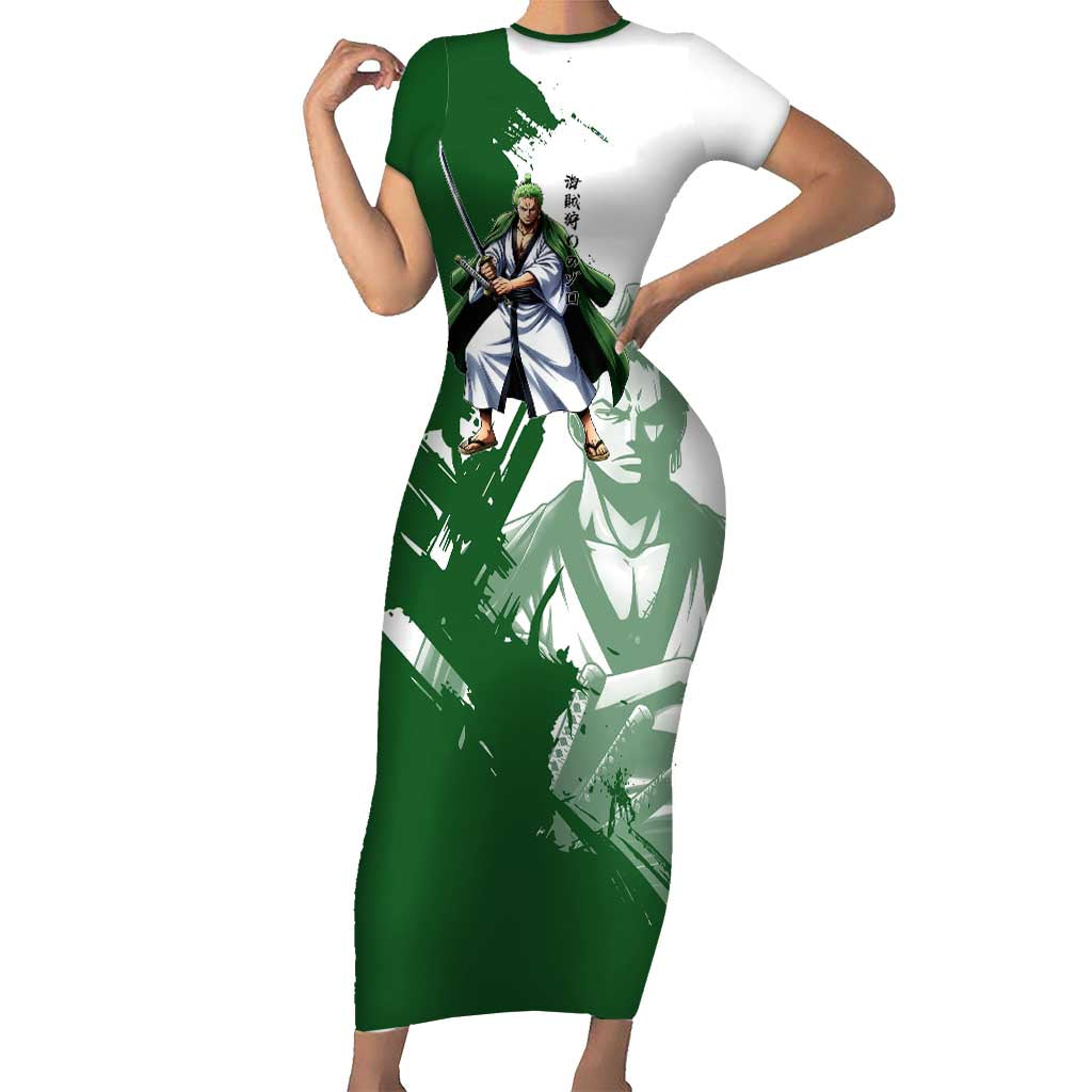 Wano Samurai Roronoa Zoro Short Sleeve Bodycon Dress Bold Ink Brush Anime Style