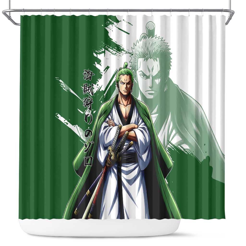 Wano Samurai Roronoa Zoro Shower Curtain Bold Ink Brush Anime Style